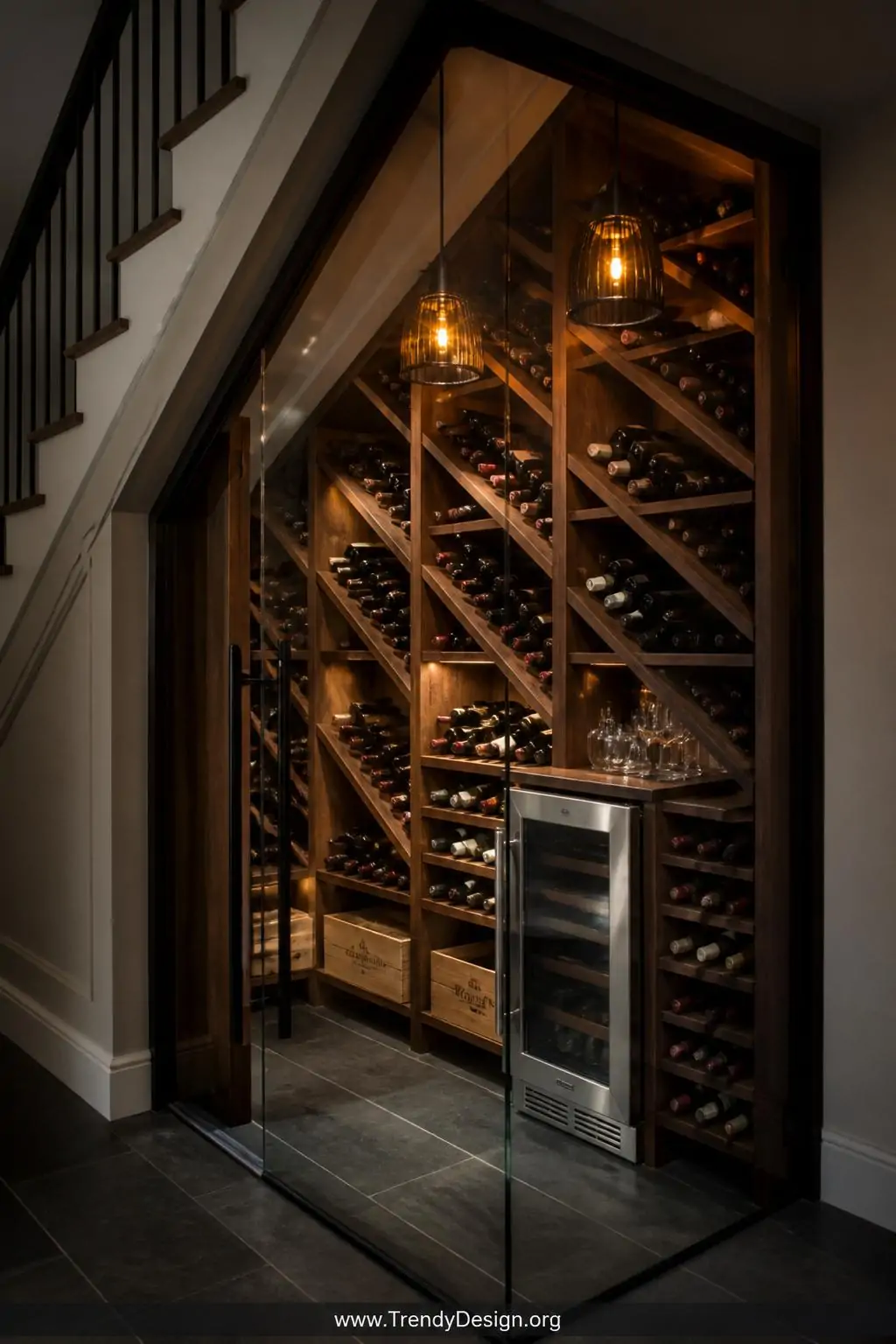 Medium photorealistic interior shot of a sophisticated under-stair wine cellar alcove with floor-to-ceiling dark walnut custo