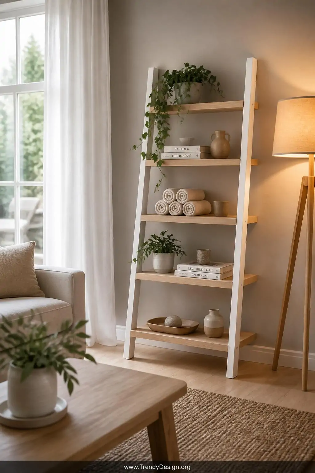 A wide photorealistic interior shot of a bright Scandinavian-style living room featuring a white-painted freestanding ladder 
