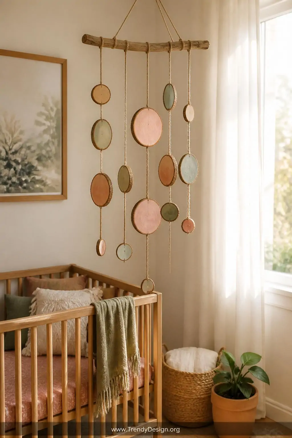 Wide shot of a bohemian nursery corner featuring a hanging wood slice mobile suspended from a weathered driftwood dowel, slic