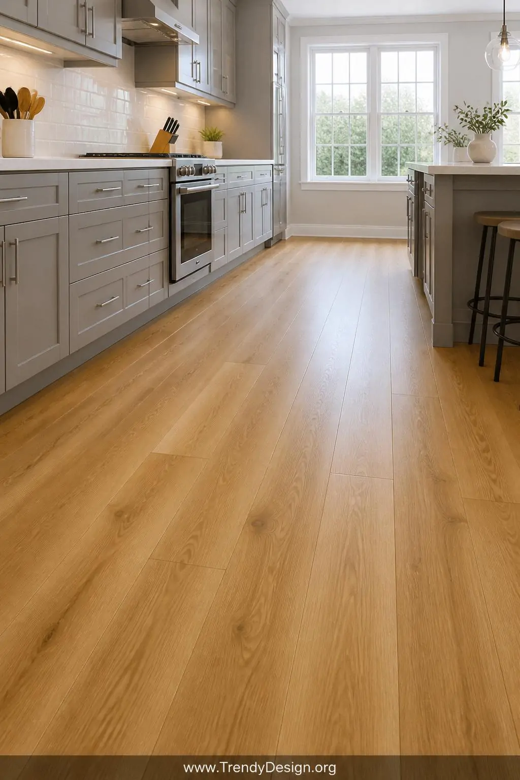 Wide-angle photorealistic shot of a kitchen interior with newly installed click-lock waterproof laminate flooring in warm hon