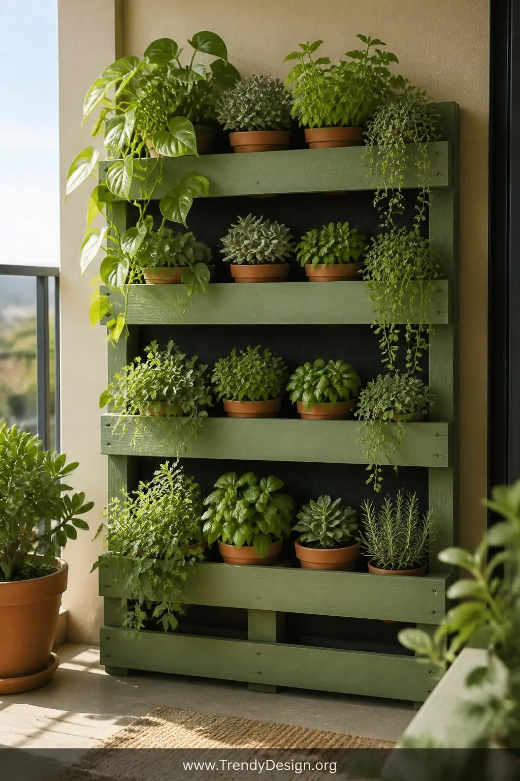 Medium shot of a sunlit balcony corner featuring a single wood pallet standing upright as a vertical garden shelf, backed wit