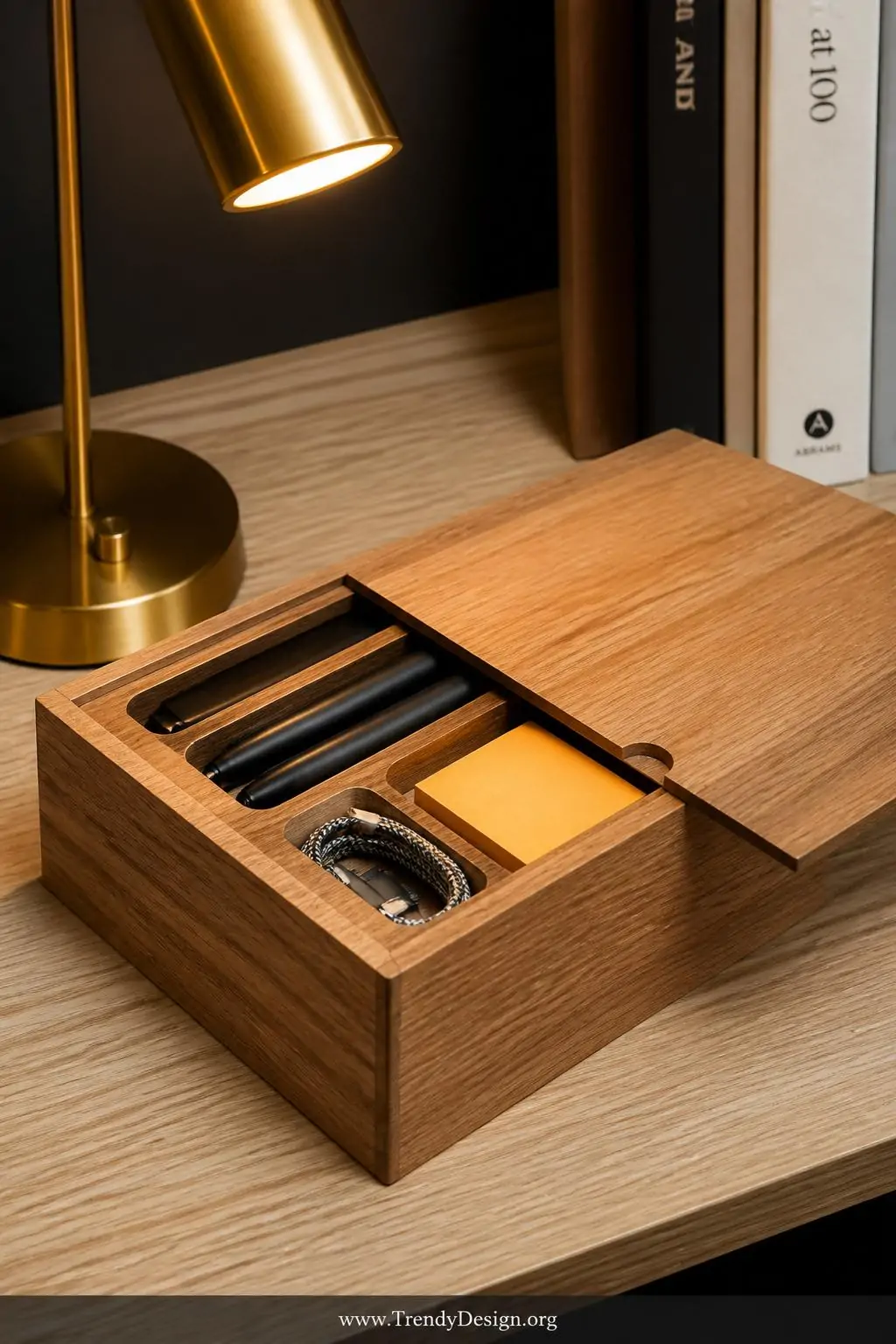 A closeup photorealistic interior shot of a natural oak desk organizer box with a precision-fitted sliding lid partially open