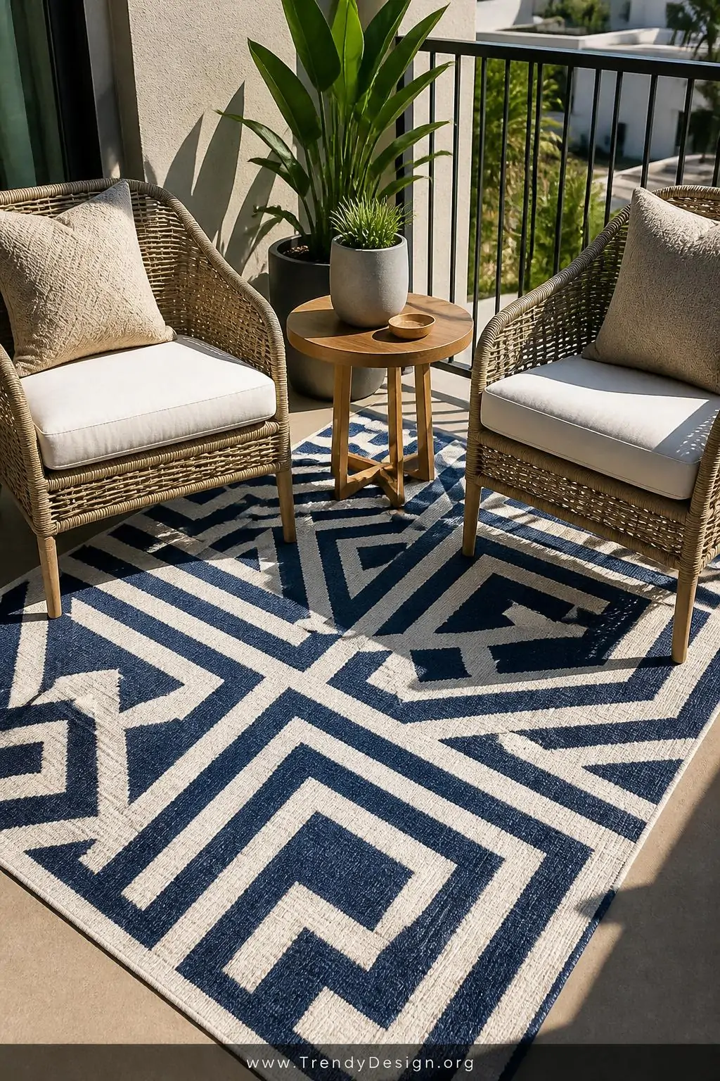 Medium shot looking down at a bold navy and white geometric-patterned outdoor polypropylene rug anchoring two rattan chairs a