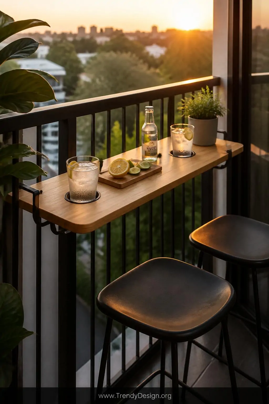 Medium shot of a sleek bamboo railing-mounted bar shelf clipped along a black metal balcony railing, built-in circular cup ho
