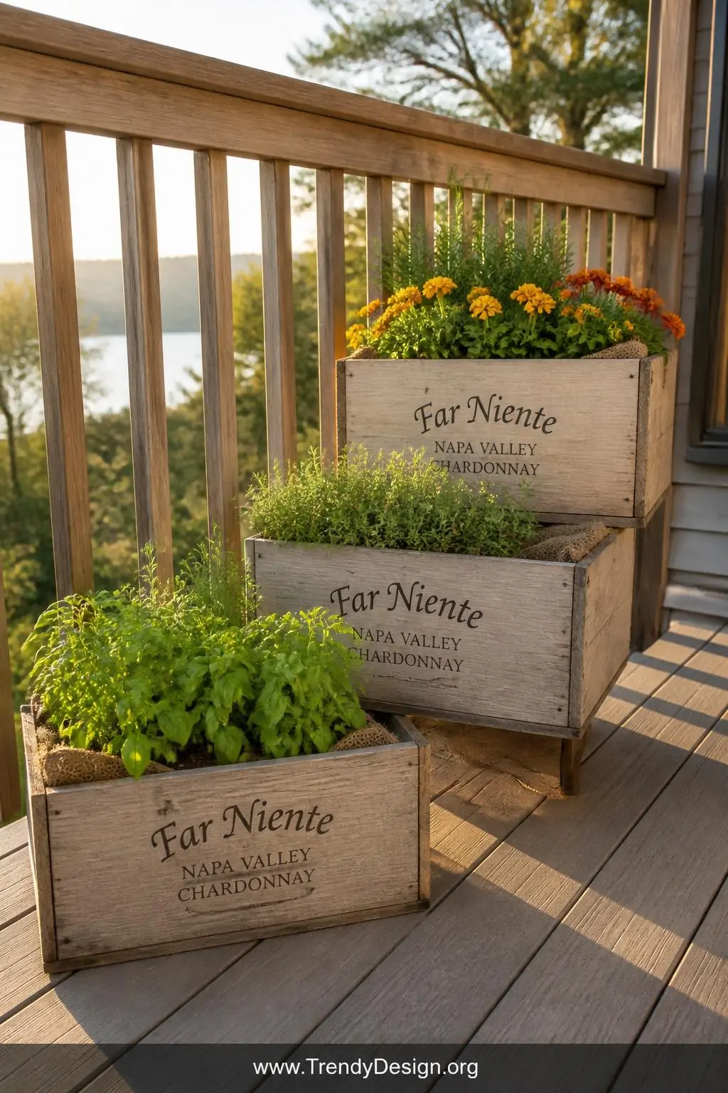 A wide shot of a sun-drenched timber deck railing lined with three stacked wooden wine crates at varying heights, interiors l