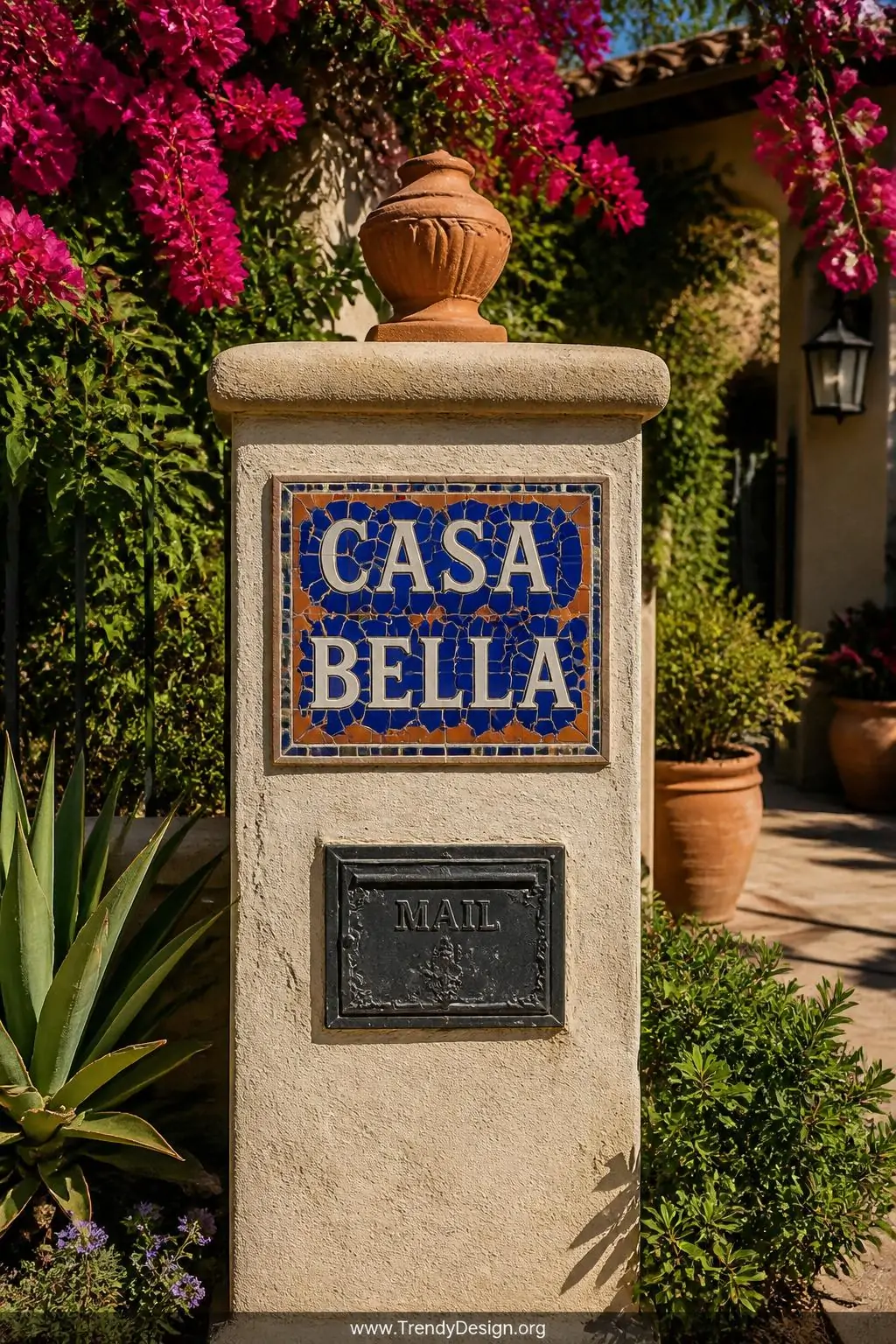 A vibrant mosaic tile name panel affixed to a stucco mailbox post, rich cobalt blue and terracotta ceramic tile fragments gro