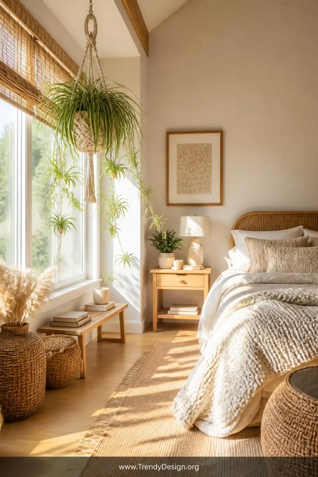 A wide bedroom shot featuring a macrame hanging planter suspending a lush cascading spider plant near a large sun-filled wind