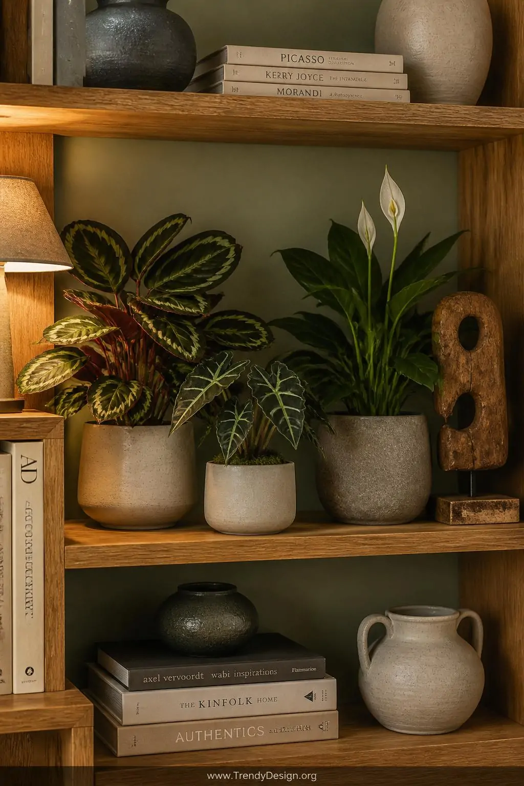 A photorealistic close-up shot of a styled solid oak bookshelf where a trio of small tropical plants — a richly patterned Cal