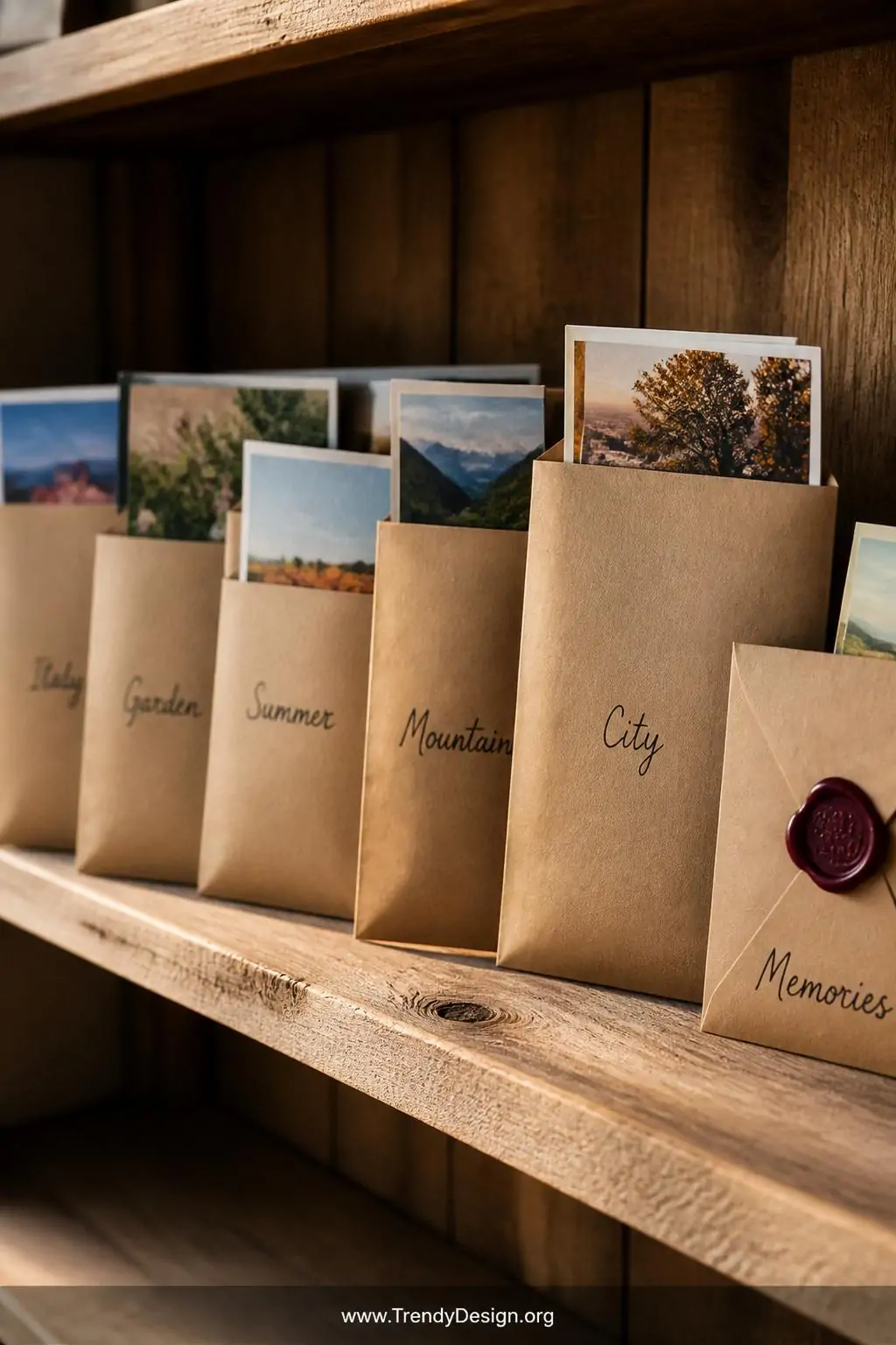 A medium shot of a rustic wooden shelf holding a row of kraft paper envelopes in varying sizes, colorful photo cards peeking 