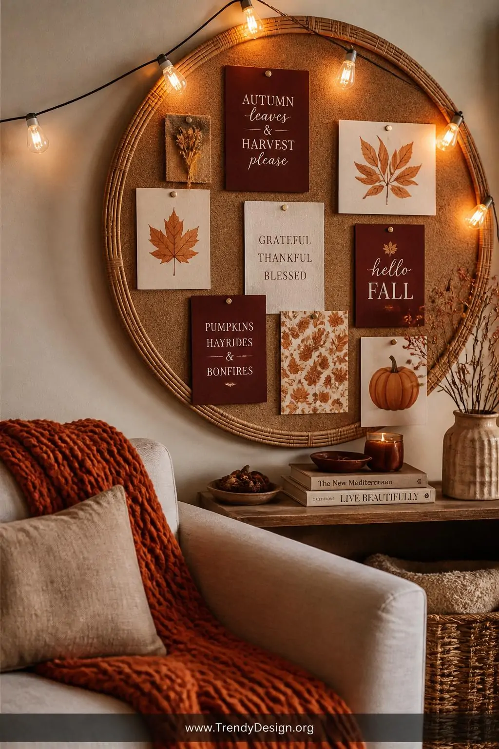 A medium photorealistic shot of a cozy living room accent wall featuring a round natural rattan-framed bulletin board layered