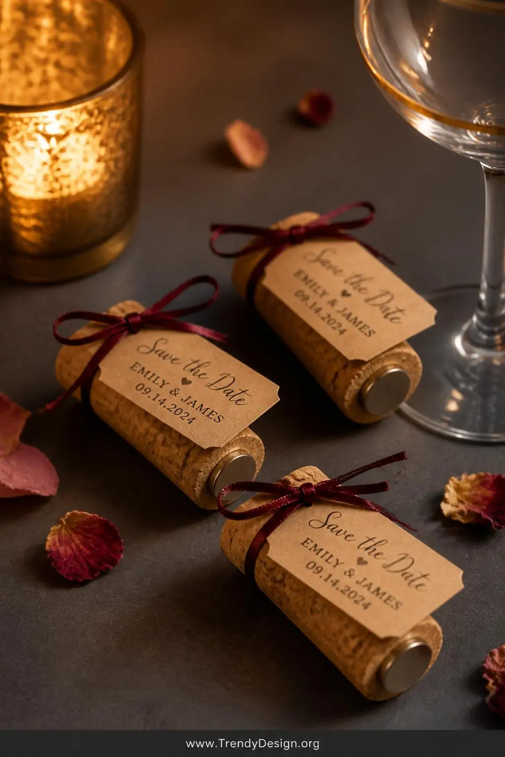 Closeup shot of three wine cork save the date magnets displayed on a matte slate gray surface, each natural brown cork wrappe