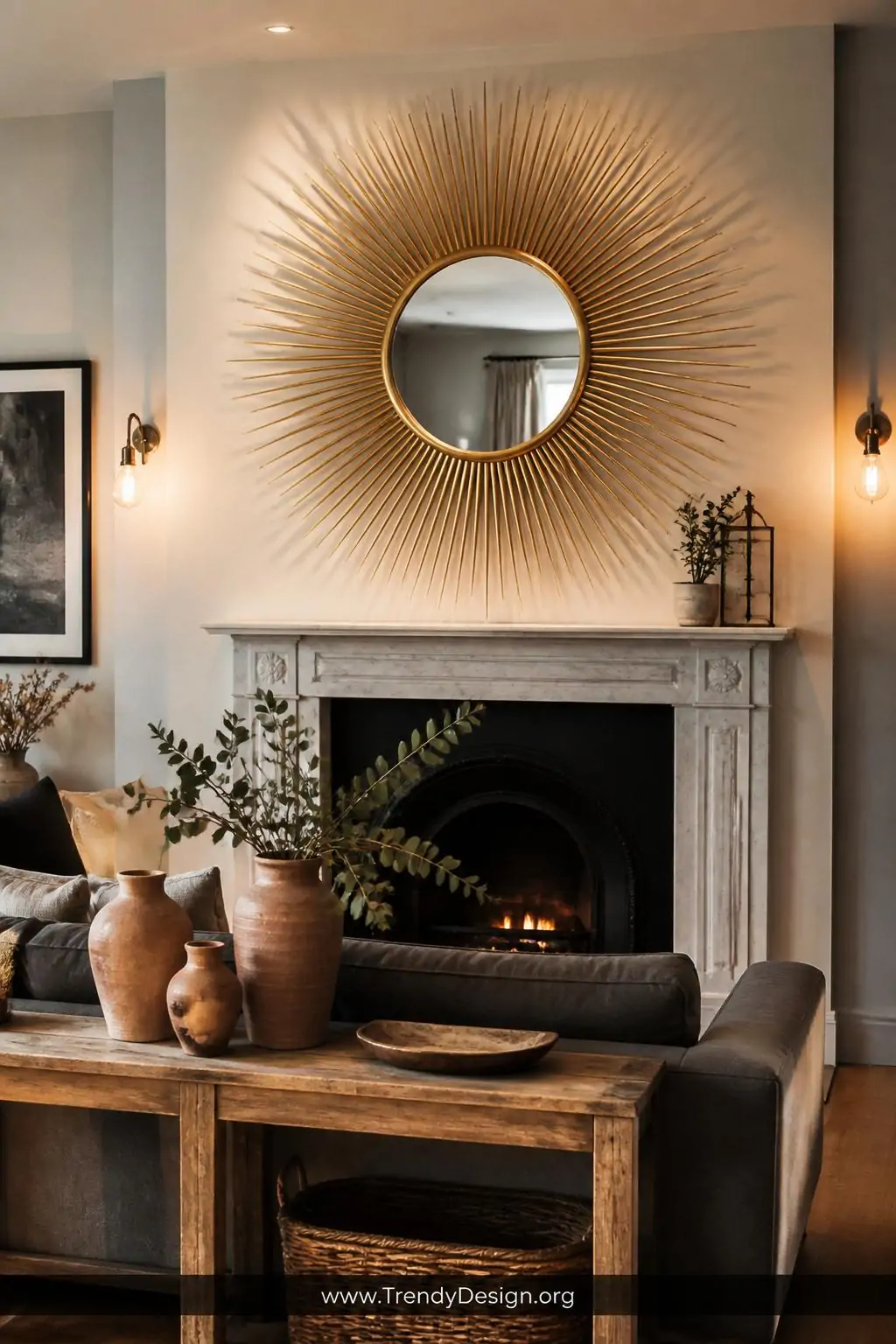 Medium wide shot of a cozy living room with a dramatic oversized 40-inch brushed gold sunburst mirror mounted above a white m
