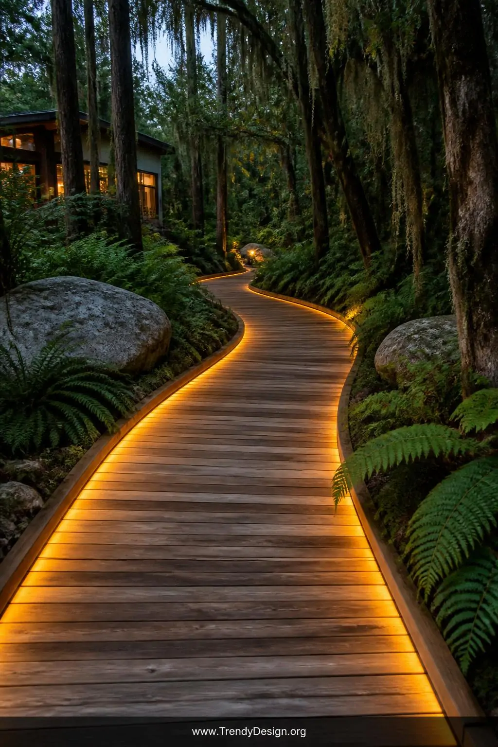 Wide photorealistic exterior shot of a richly warm cedar timber boardwalk path winding through a lush woodland garden, honey-