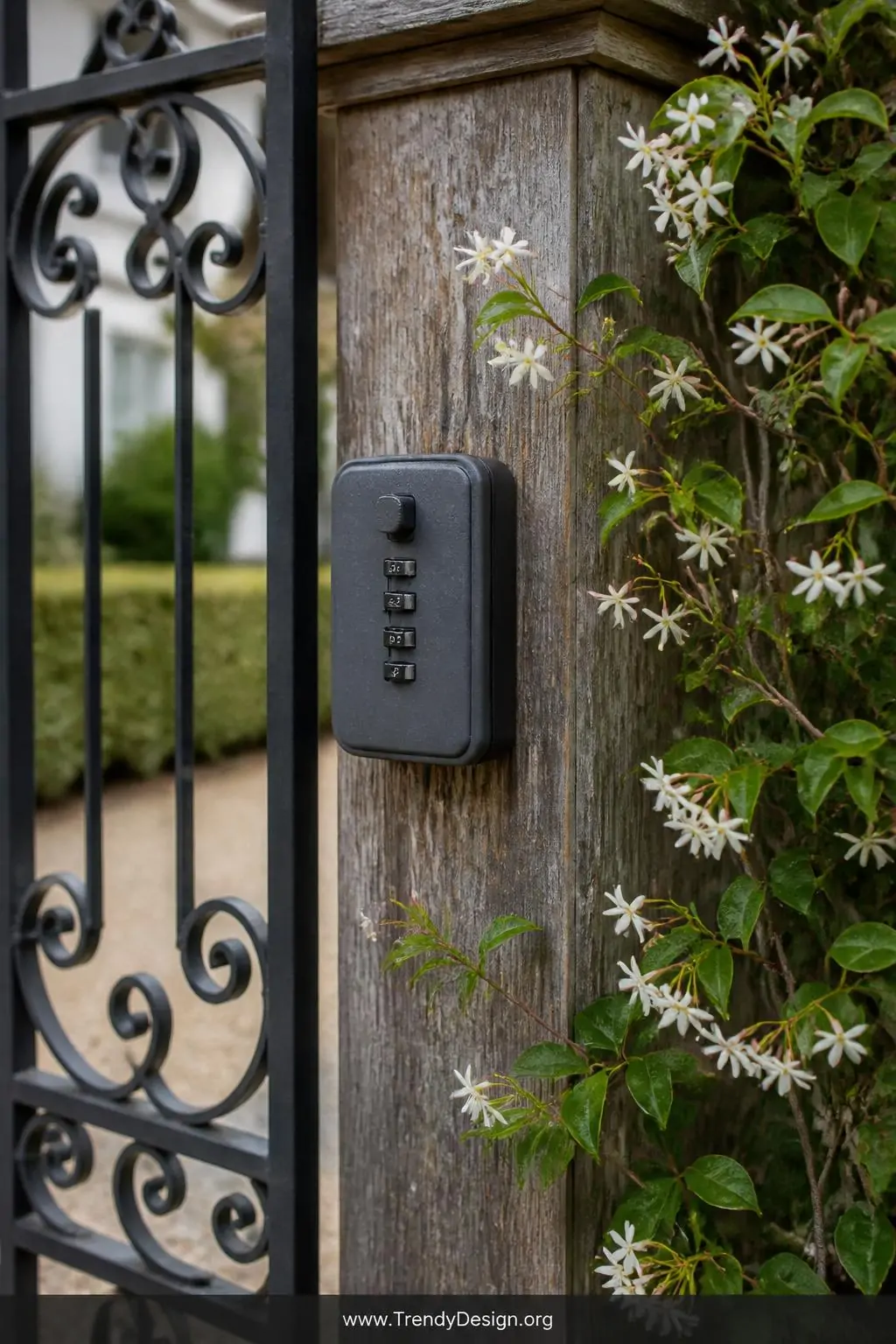 A medium shot of a weathered cedar fence post beside a wrought iron gate, a gunmetal gray combination lockbox mounted at mid-
