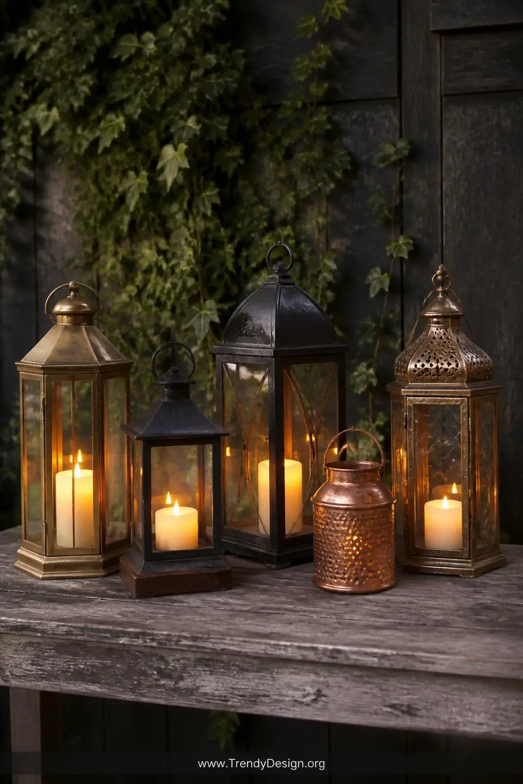 A closeup photorealistic shot of a weathered outdoor console table styled with a curated cluster of five mismatched lanterns 