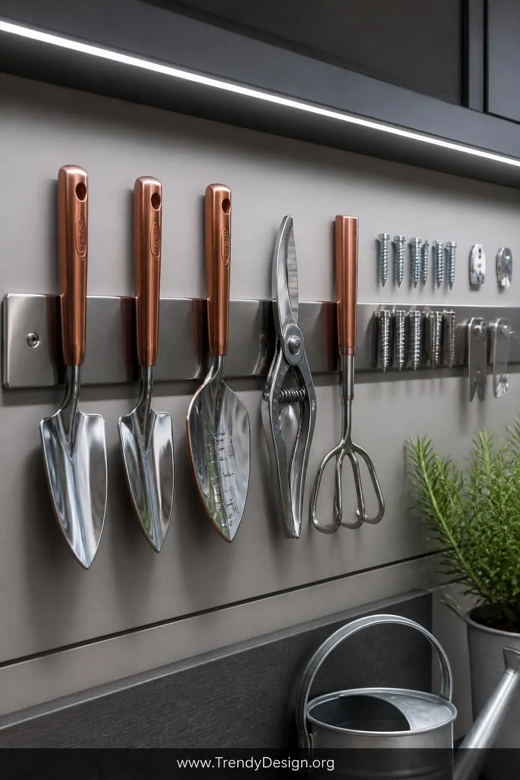 A close-up photorealistic shot of a heavy-duty stainless steel magnetic strip mounted at eye level on a clean grey-painted sh