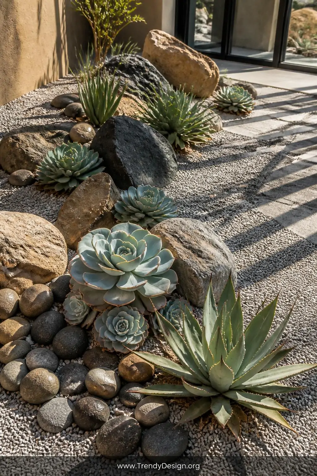 Wide photorealistic shot of a sculptural succulent and rock garden in a sun-drenched corner, pale blue-green echeveria rosett