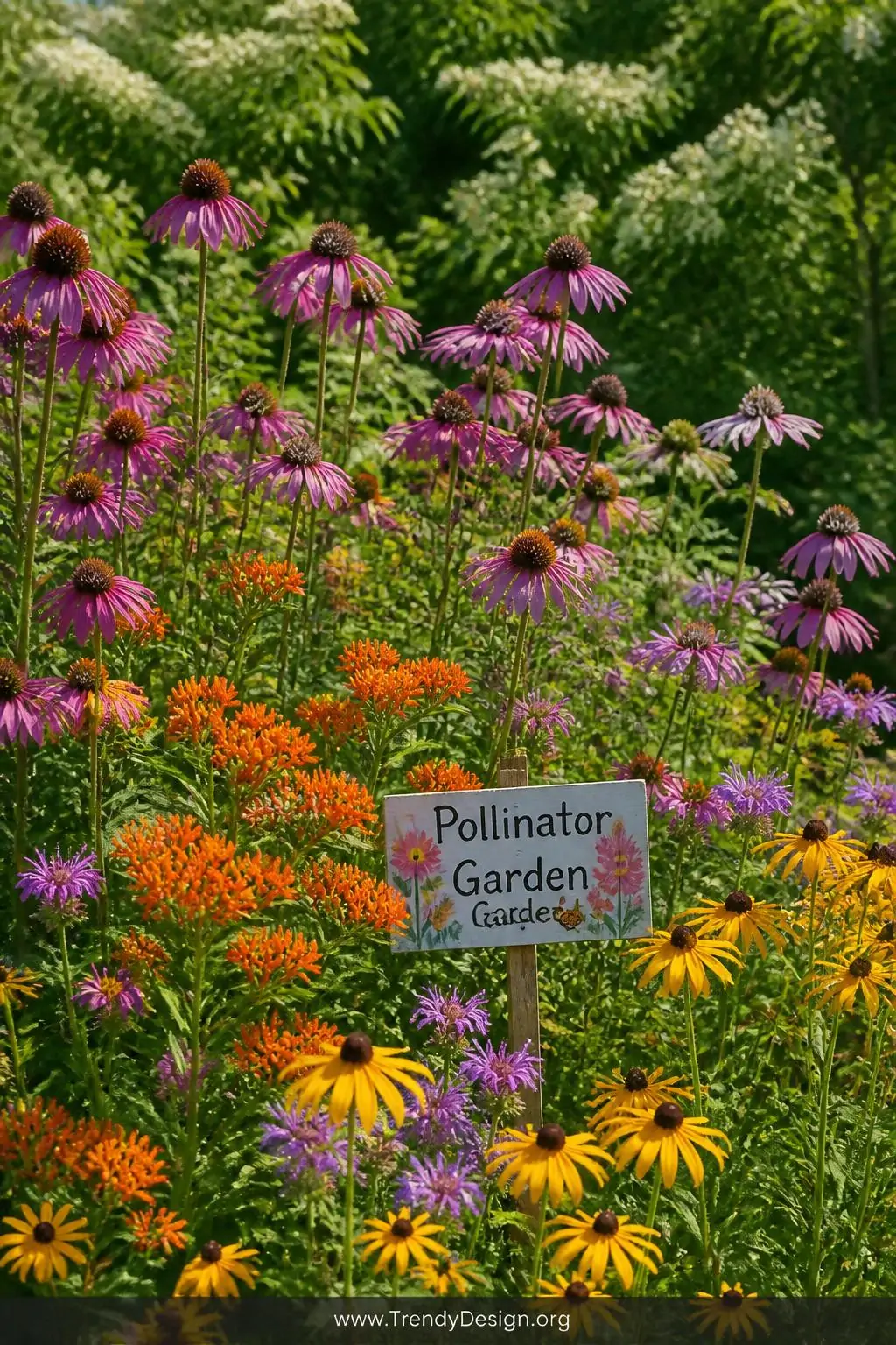 A vibrant medium shot of a pollinator rain garden in peak summer bloom photographed in bright natural midday light, dense wil