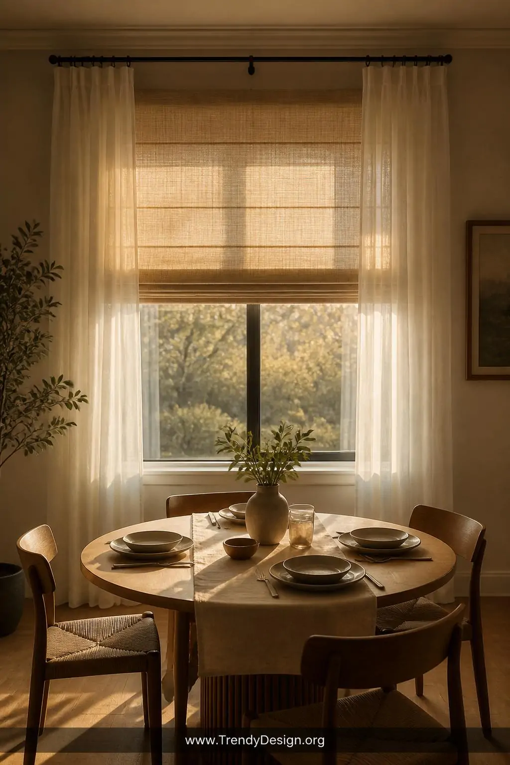 Wide shot of a warmly lit dining room window pairing a neatly folded natural linen Roman shade pulled halfway down with flowi