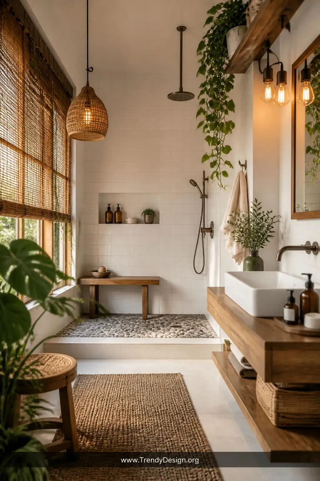 Wide shot of a spa-inspired bathroom with honey-toned woven bamboo shades filtering warm diffused light into the space, organ