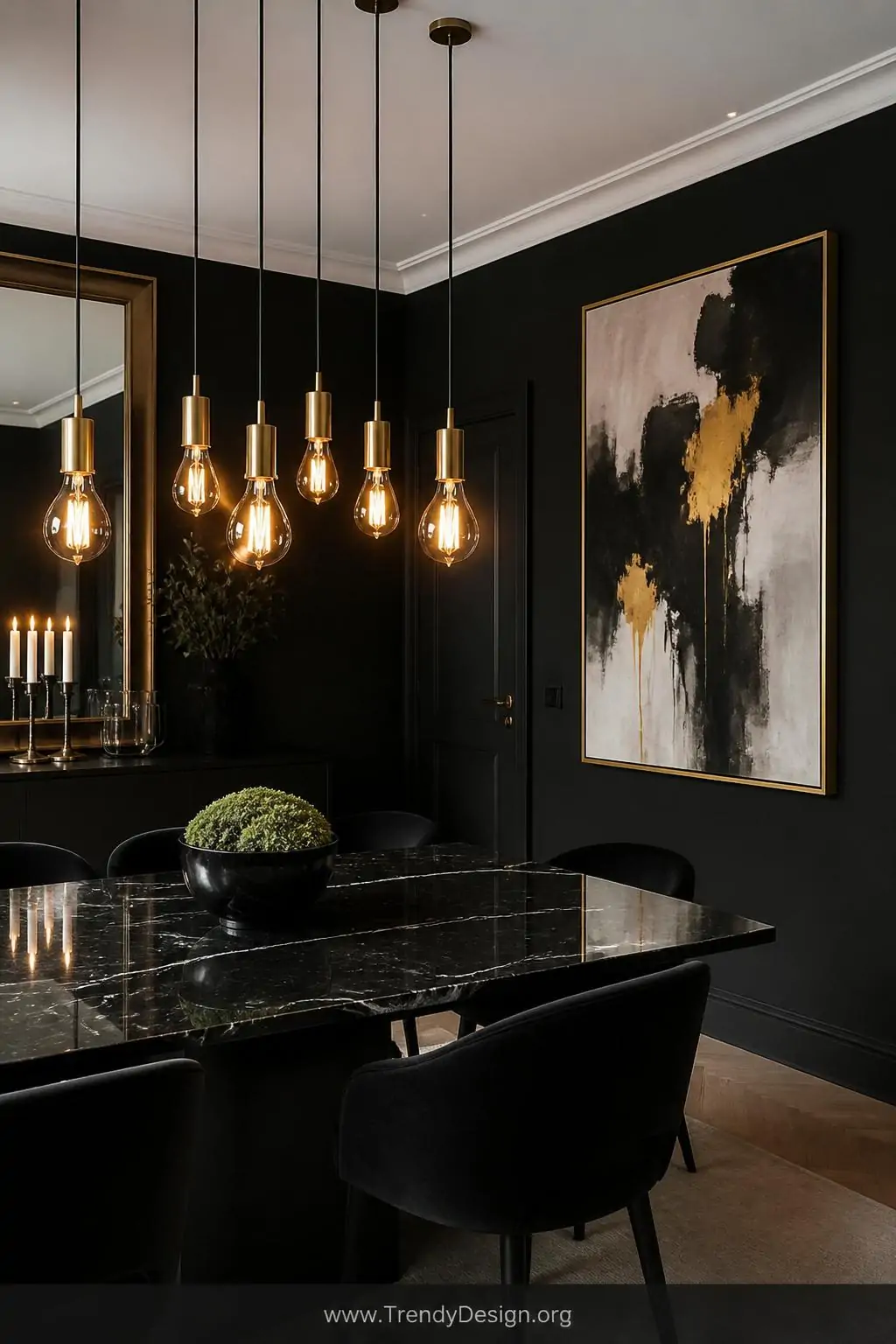 Medium shot of a sleek dining room with matte inky black walls in Farrow and Ball Railings, crisp bright white ceiling creati