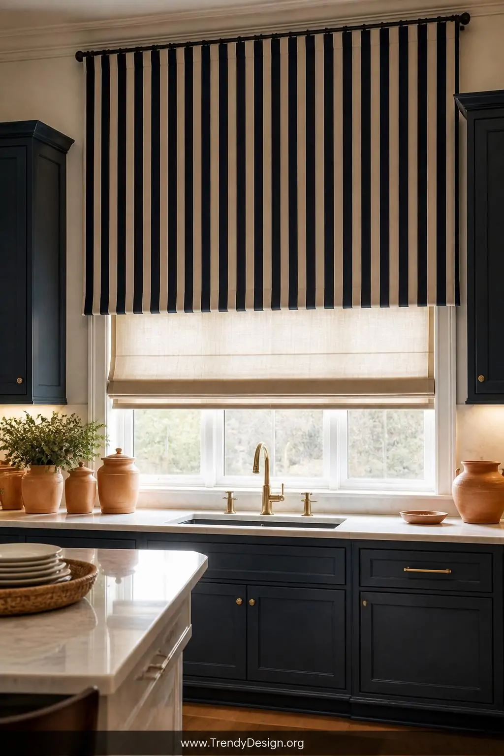 Photorealistic medium-shot of a kitchen featuring floor-to-ceiling navy and cream vertical striped curtains mounted high abov