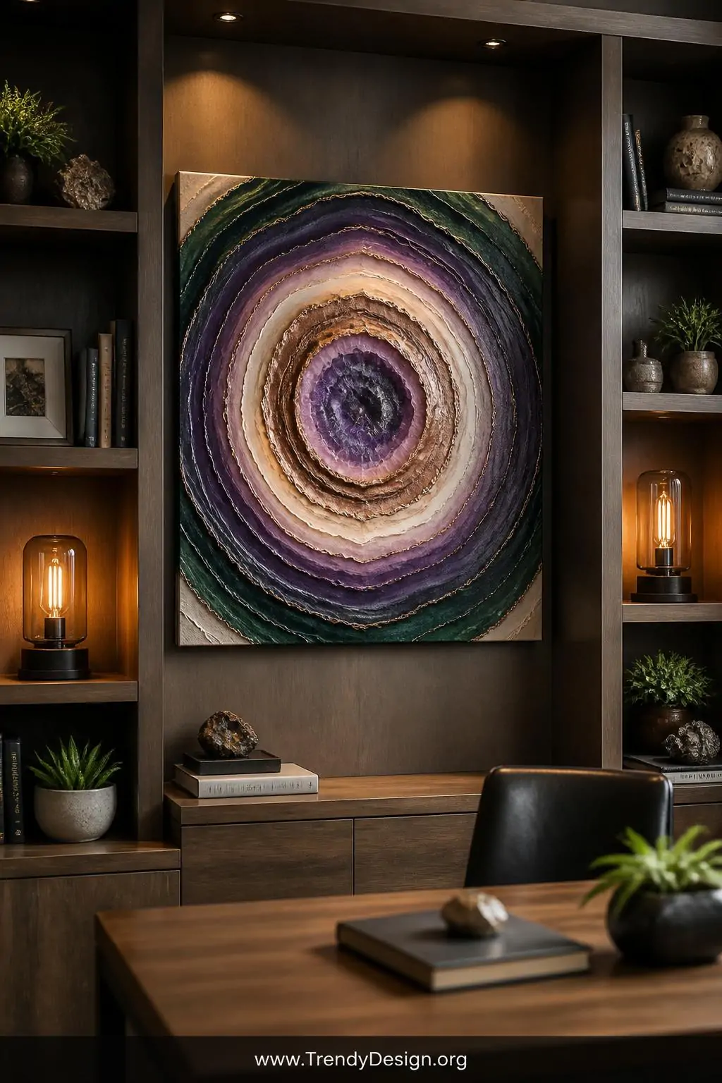 Medium shot of a styled bookshelf wall in a home office where a square ring pour canvas painting commands attention, concentr