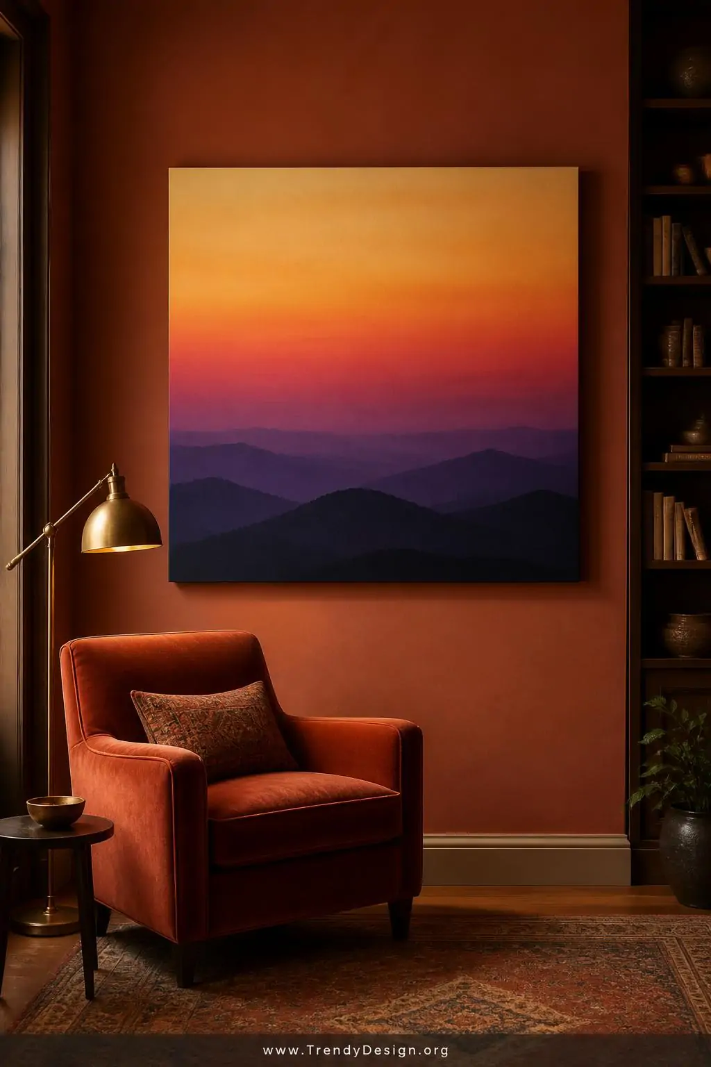 Wide shot of a cozy reading nook with a large statement canvas landscape painting centered on a warm terracotta accent wall, 