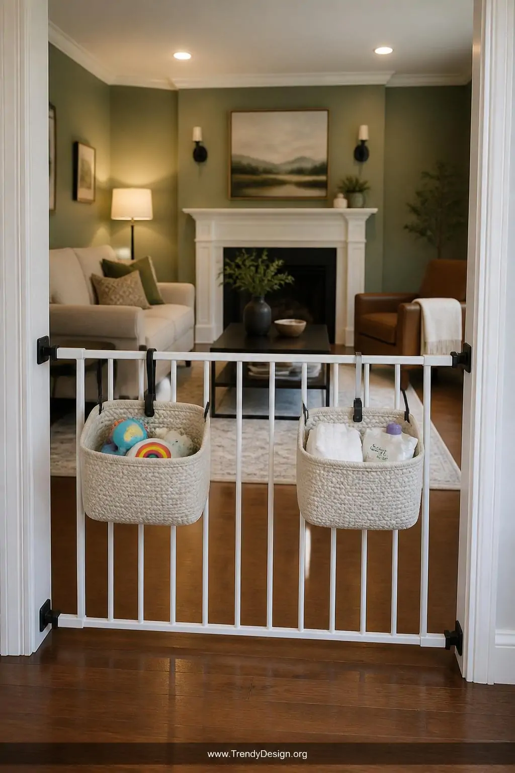 A bright transitional living room with sage green walls and warm walnut flooring, a white metal baby gate spanning a doorway 