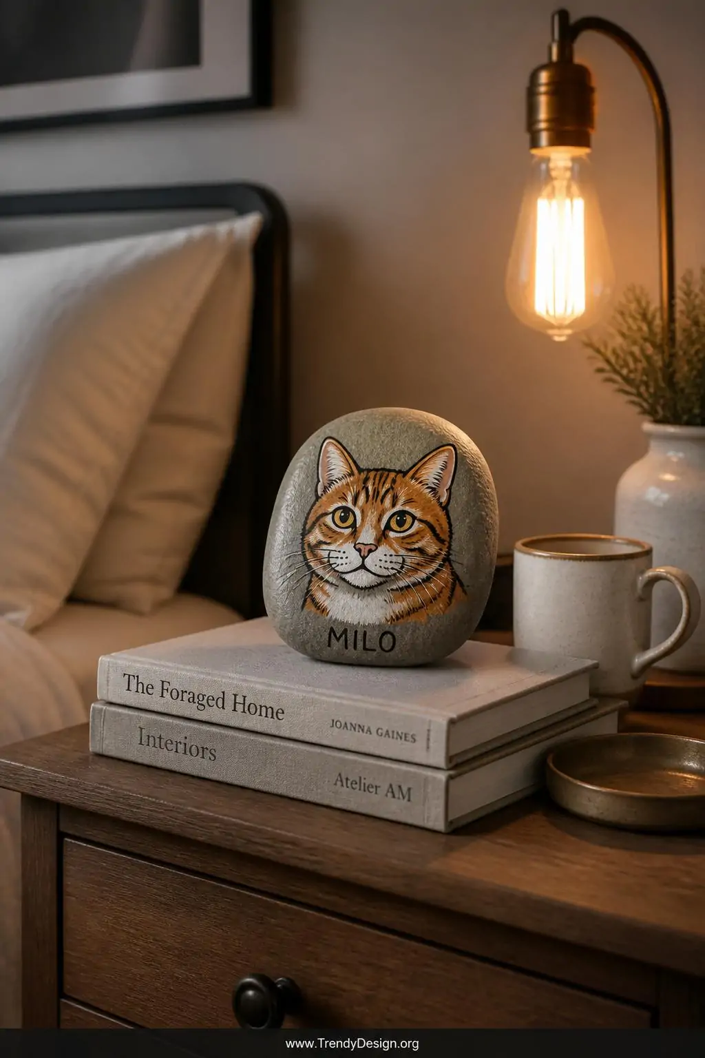 A medium shot of a cozy bedroom nightstand displaying a smooth rock painted with a stylized ginger cat portrait in warm amber