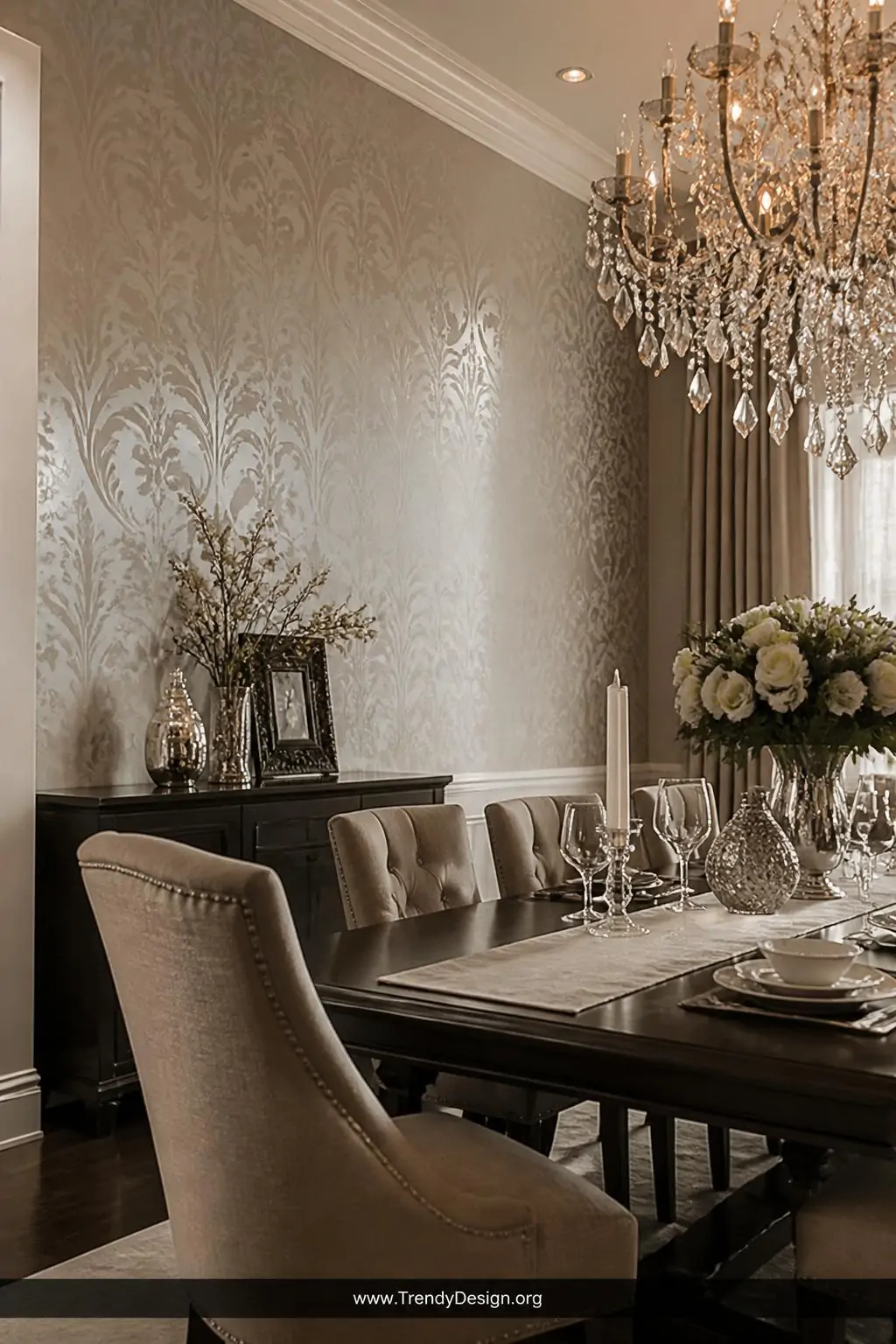 A medium-shot photorealistic dining room interior with a tone-on-tone damask stencil wall in soft warm greige, the flat base 