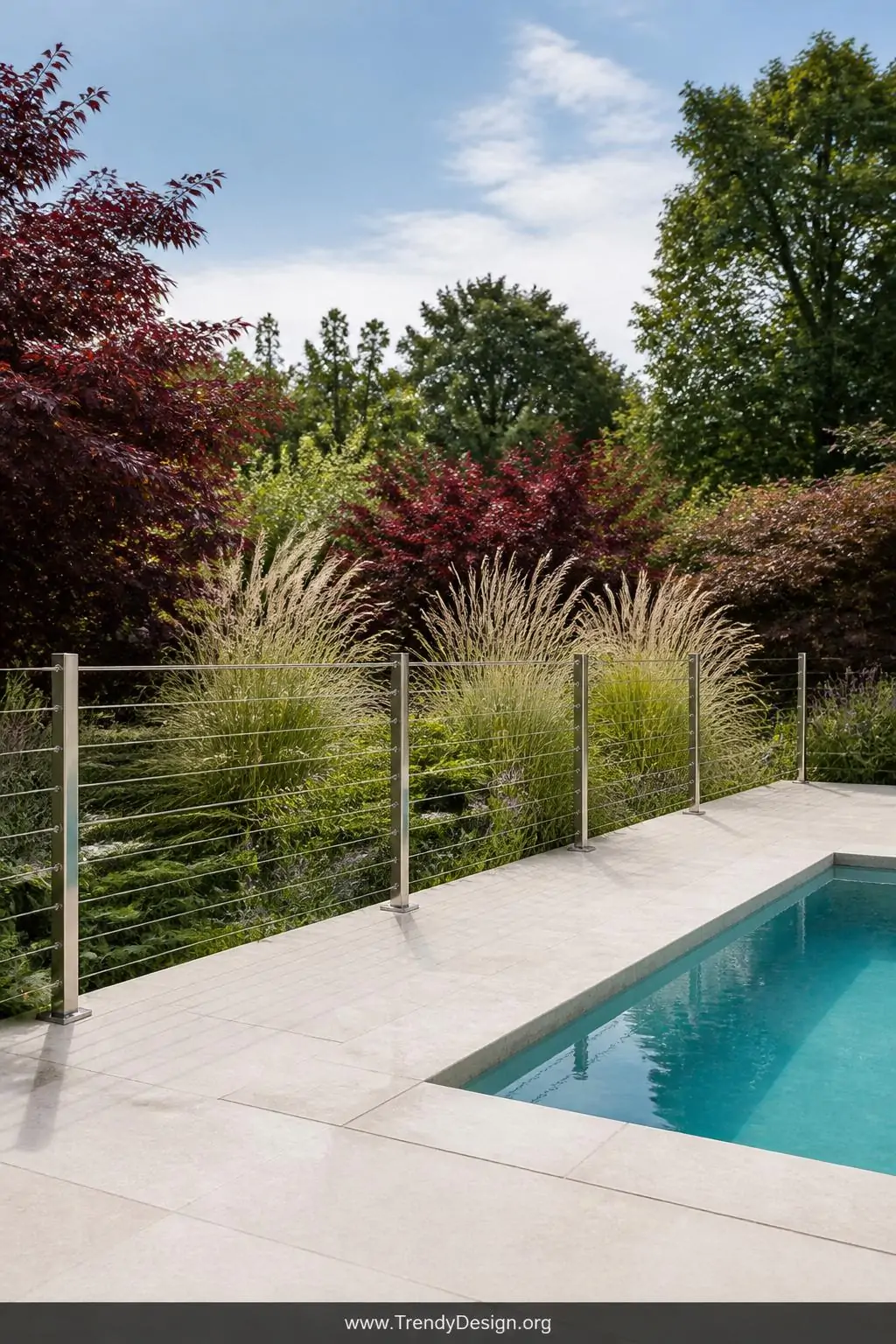 Wide photorealistic shot of a contemporary pool terrace enclosed by horizontal stainless steel cable rail fencing stretched t