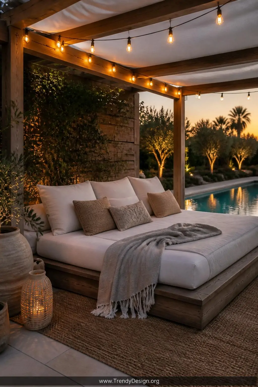 Medium photorealistic shot of an oversized outdoor daybed tucked into a shaded pergola corner poolside, white canvas canopy f
