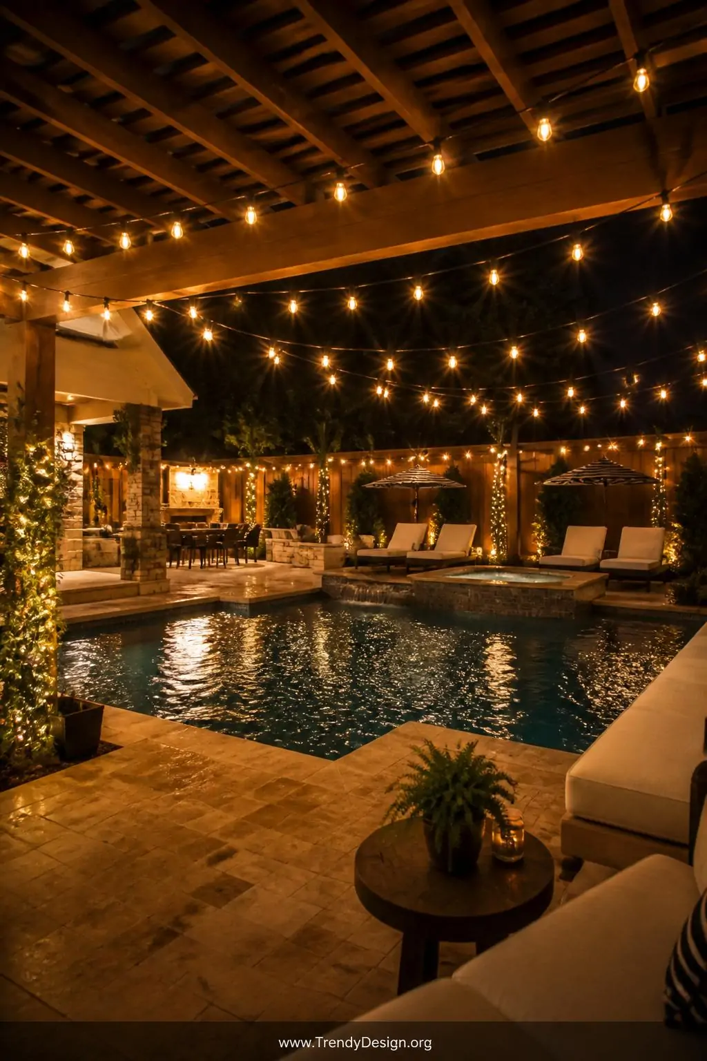 Wide photorealistic shot of a resort-style backyard pool area at night draped in warm golden Edison-bulb café string lights s
