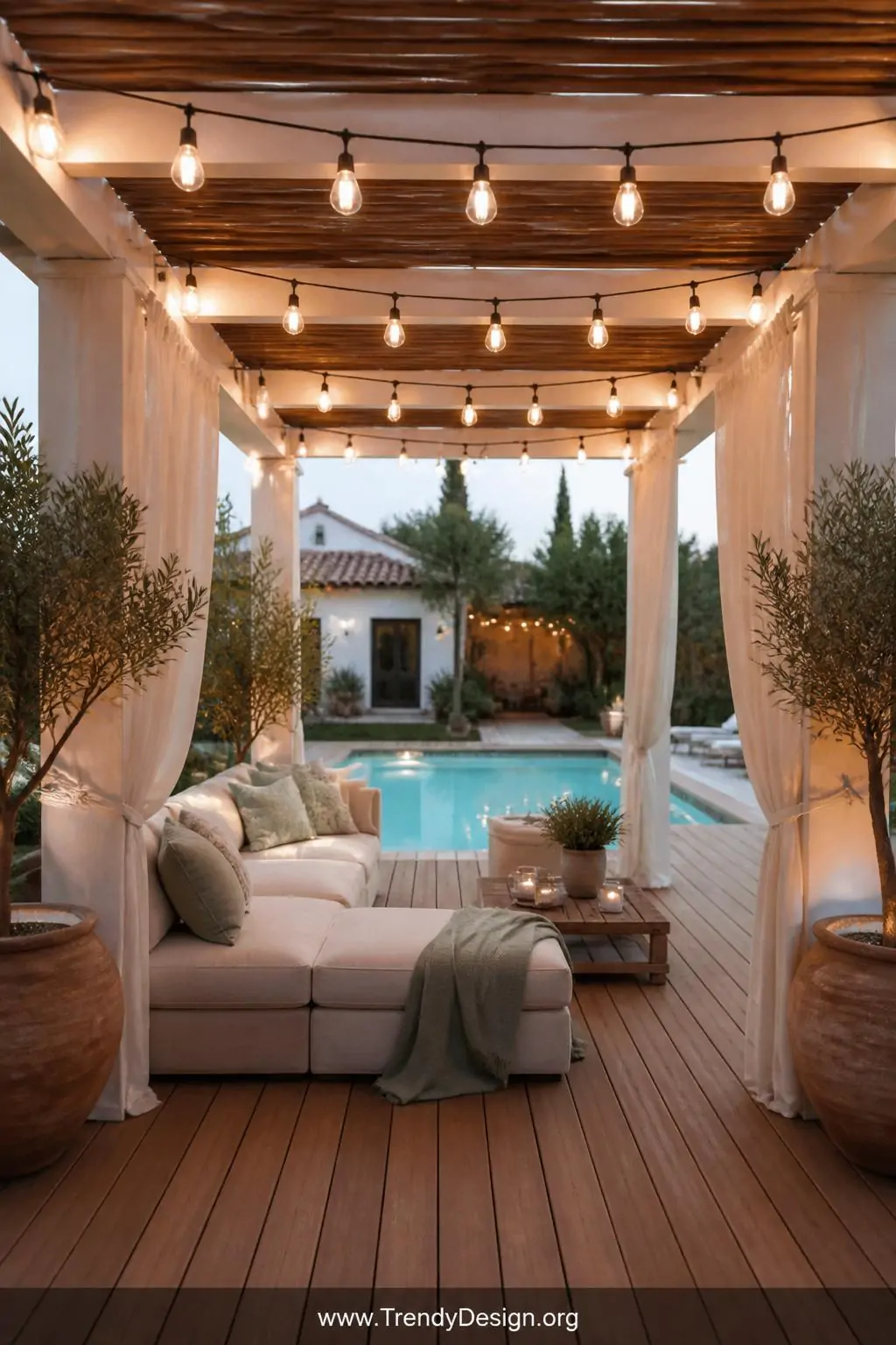 Wide photorealistic shot of a natural wood-toned composite pool deck anchored by a white cedar pergola overhead, sheer ivory 