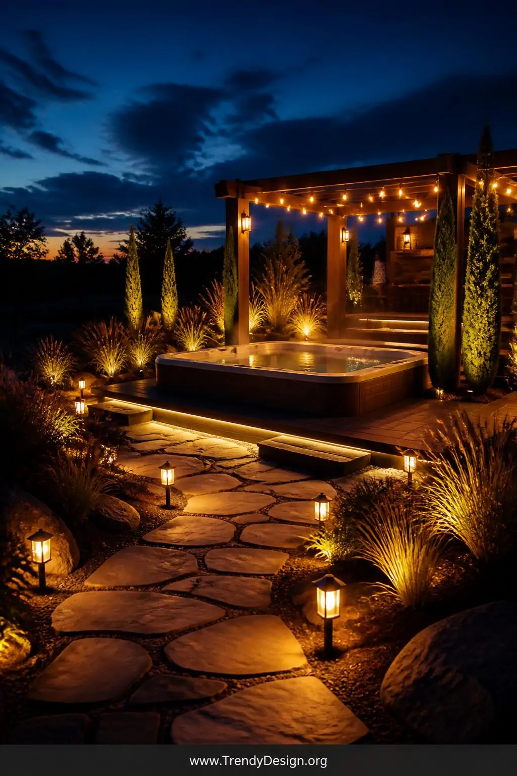 Wide photorealistic twilight shot of a hot tub landscape glowing with layered amber lighting, solar path lights casting warm