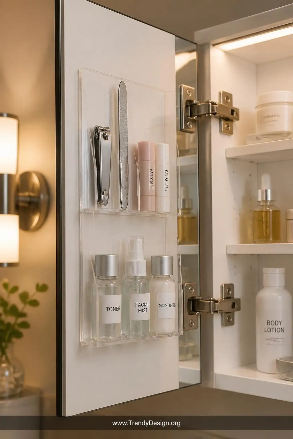 A medium closeup of the inner door panel of a sleek mirrored medicine cabinet fitted with a slim adhesive-backed clear acryli
