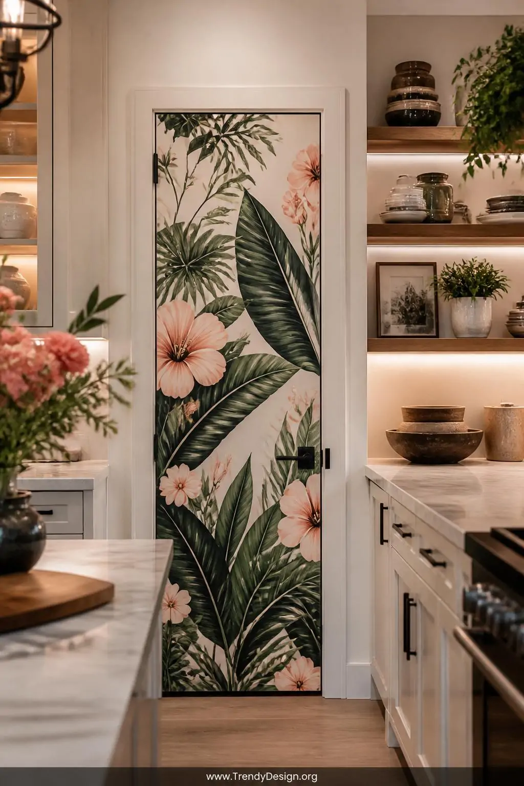 A medium photorealistic interior shot of a flat white pantry door covered in lush removable botanical wallpaper featuring ove