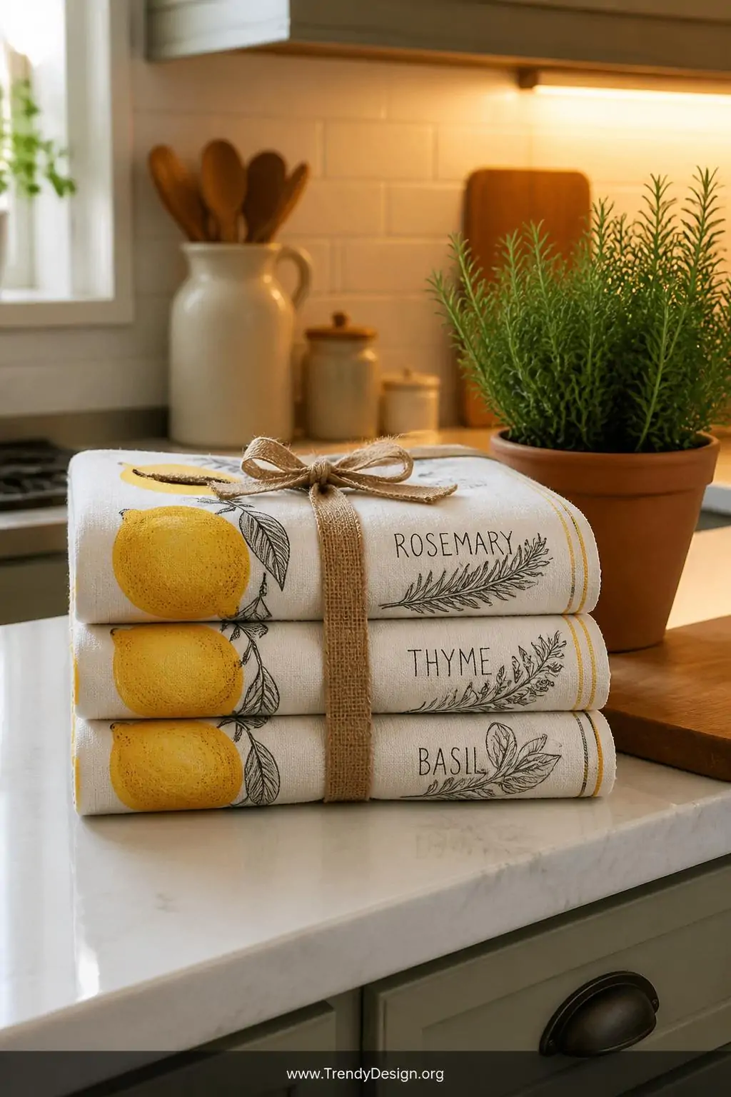 Medium shot of a styled farmhouse kitchen with flour sack towels printed with bold lemon illustrations and hand-lettered herb