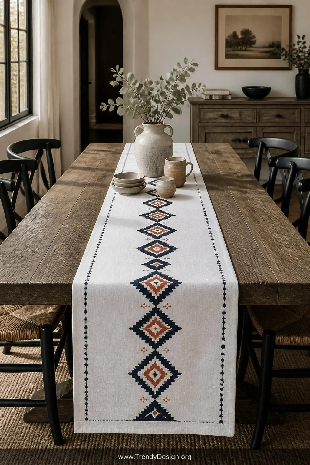 A wide dining room shot centered on a farmhouse table dressed with a crisp white linen table runner featuring a repeating geo