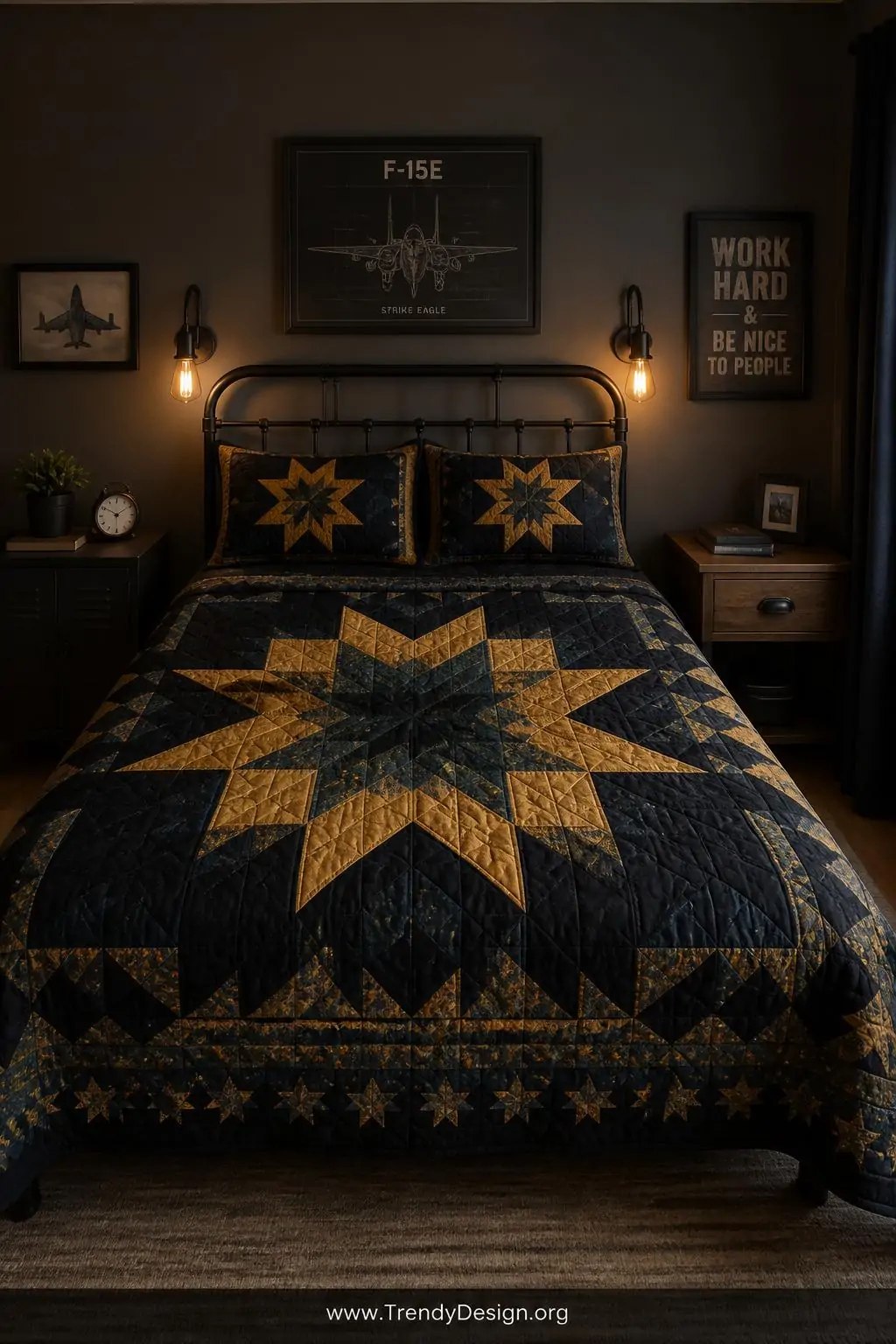 A wide shot of a boys bedroom featuring a lone star quilt as the dramatic focal point on a dark iron bed frame, the bold eigh