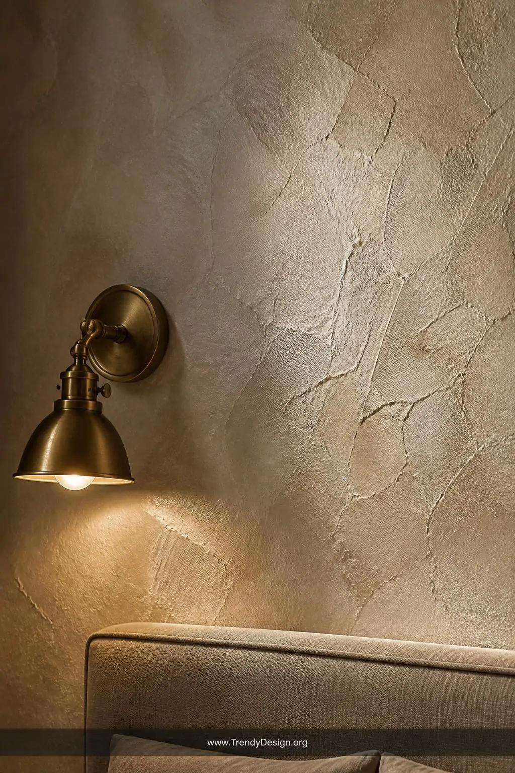 Closeup photorealistic interior design shot of a luxurious Venetian plaster bedroom accent wall in warm aged ivory with visib