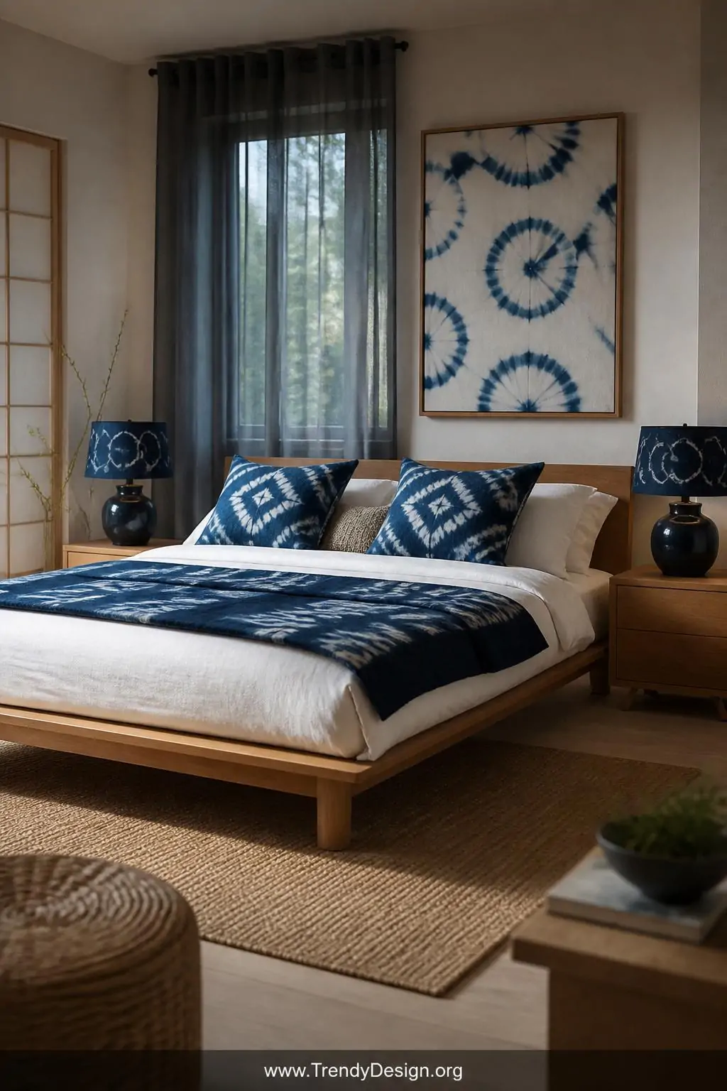 A wide-shot photorealistic interior design image of a serene Japanese-inspired bedroom bathed in cool diffused natural light,
