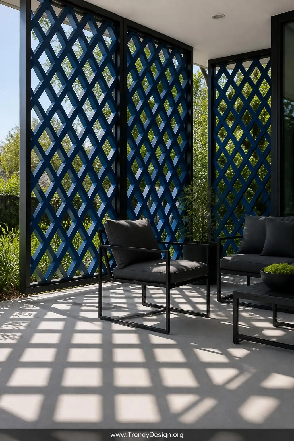 Medium photorealistic shot of bold 45-degree diamond-pattern lattice panels framed in sleek matte black steel on a contempora