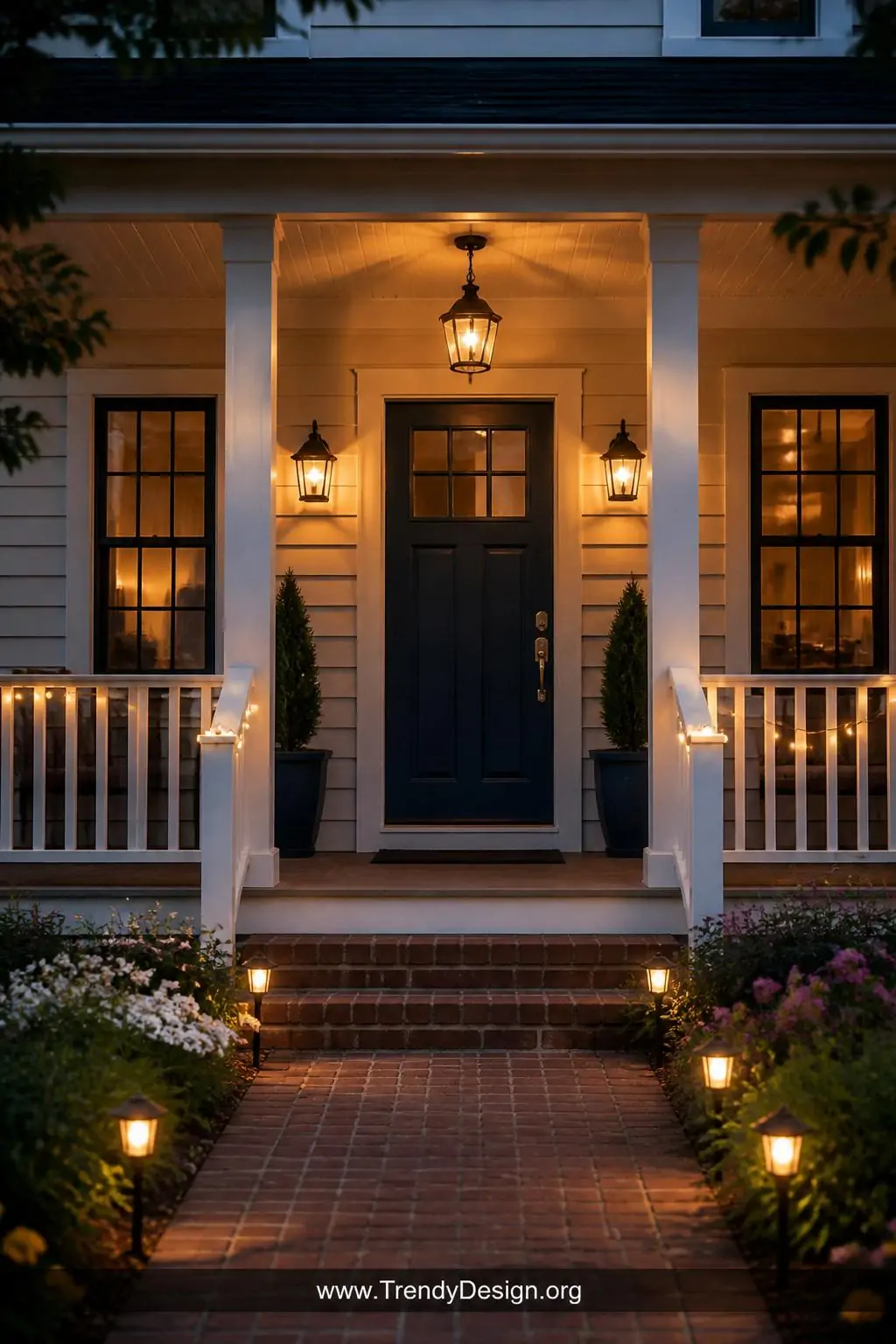 Medium shot of a glowing front porch entry at dusk with a dramatic bronze lantern overhead casting warm amber light, matching