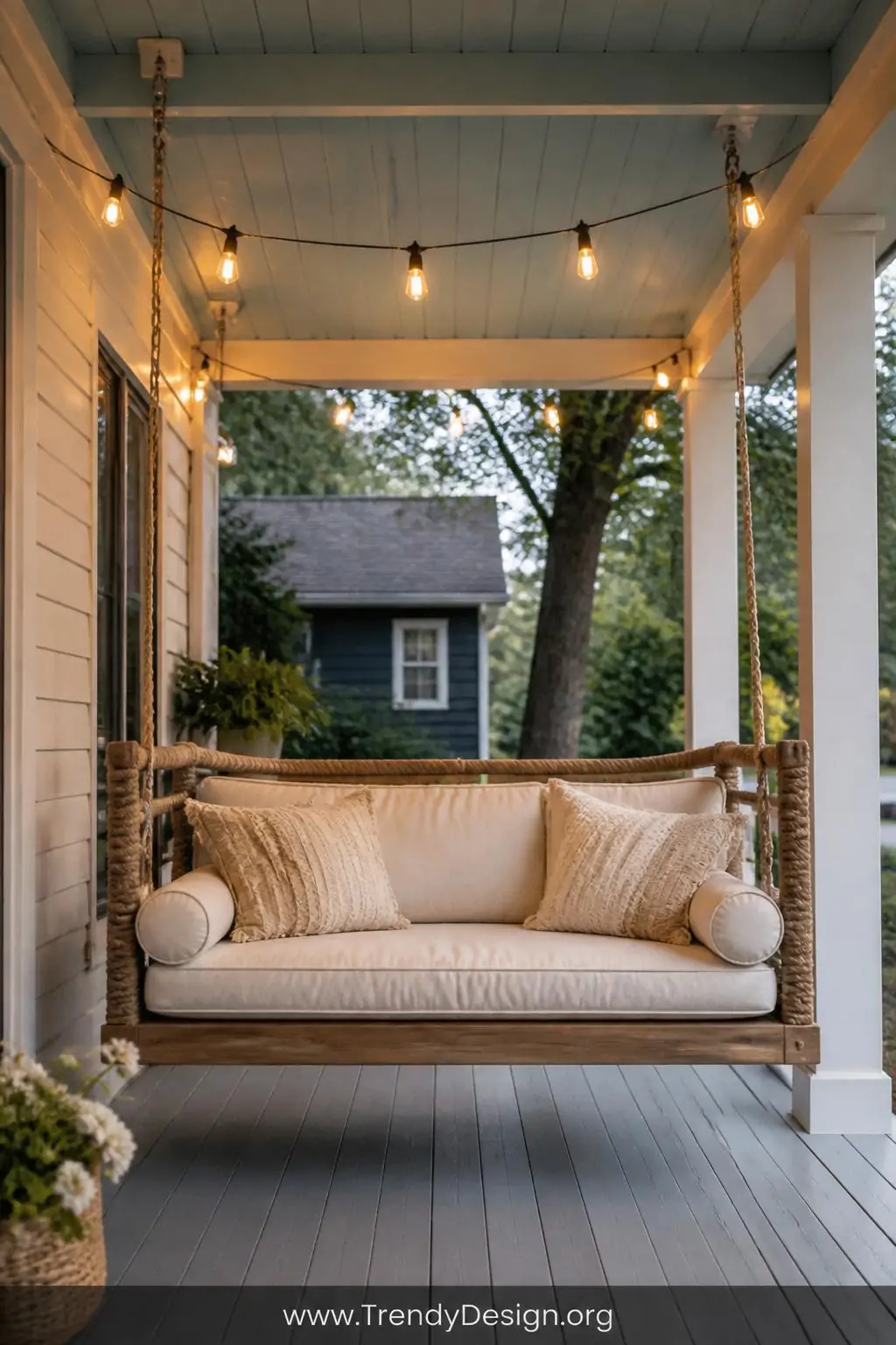 Medium shot, photorealistic interior design photography: A cushioned wooden loveseat porch swing hangs from exposed ceiling j