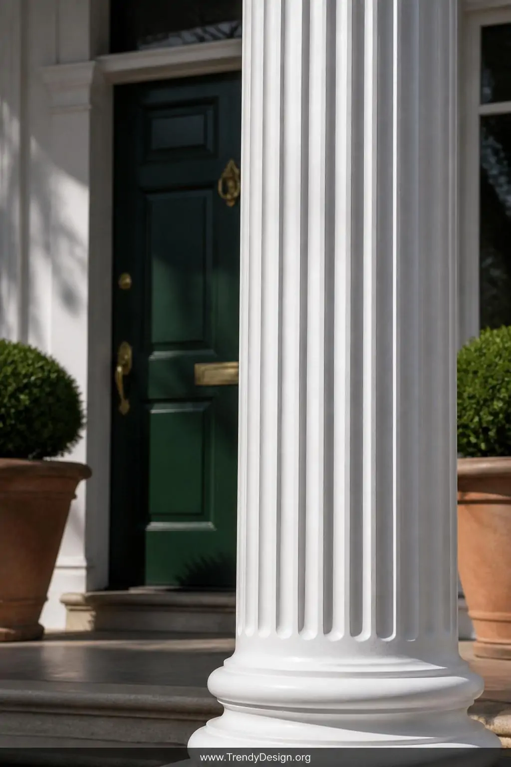 A dramatic closeup photorealistic shot of a fluted column trim post painted in semi-gloss white, the precisely spaced vertica