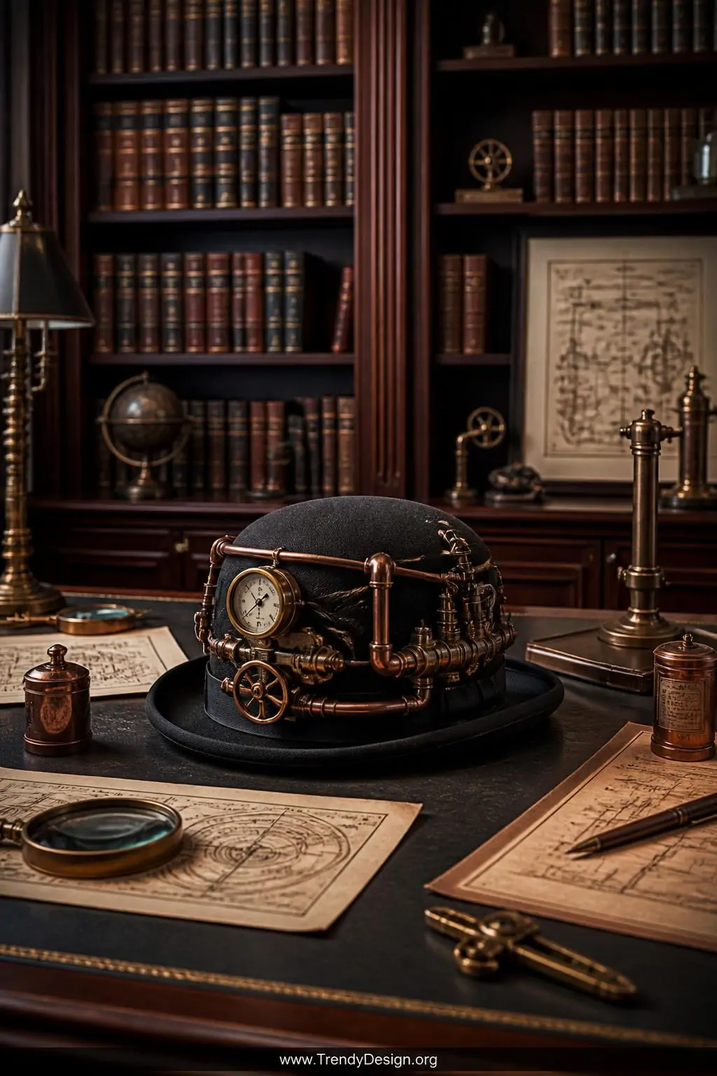 A classic black bowler hat fitted with an elaborate system of small copper pipe fittings, rubber tubing, and industrial valve