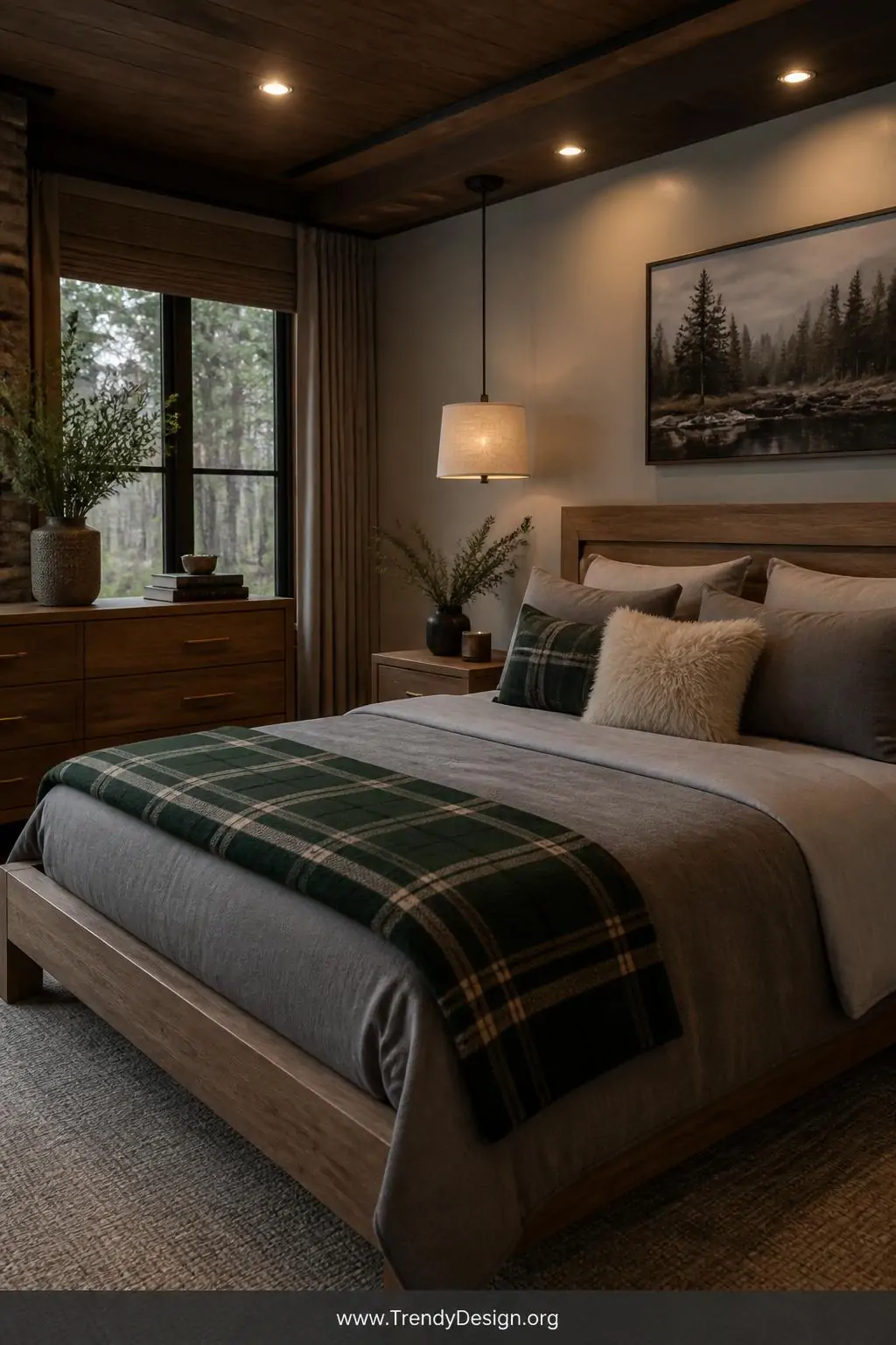 A wide-shot photorealistic bedroom interior styled with a rich forest green plaid fleece blanket folded in precise thirds acr