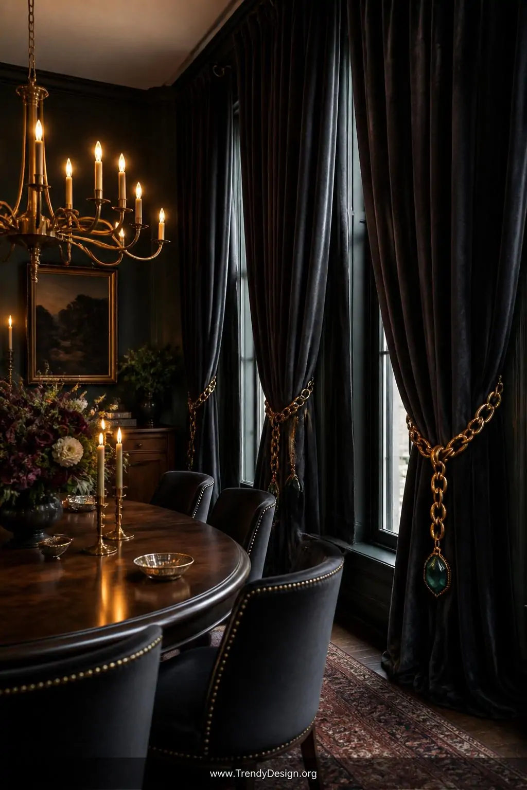 Medium photorealistic interior of a moody elegant dining room where looped chunky antique bronze decorative chain tiebacks dr